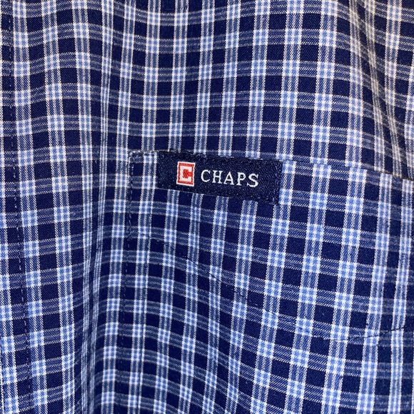 Chaps Shirt Mens Medium Blue Plaid Easy Care Casual Button Up Spellout Logo - Picture 4 of 5